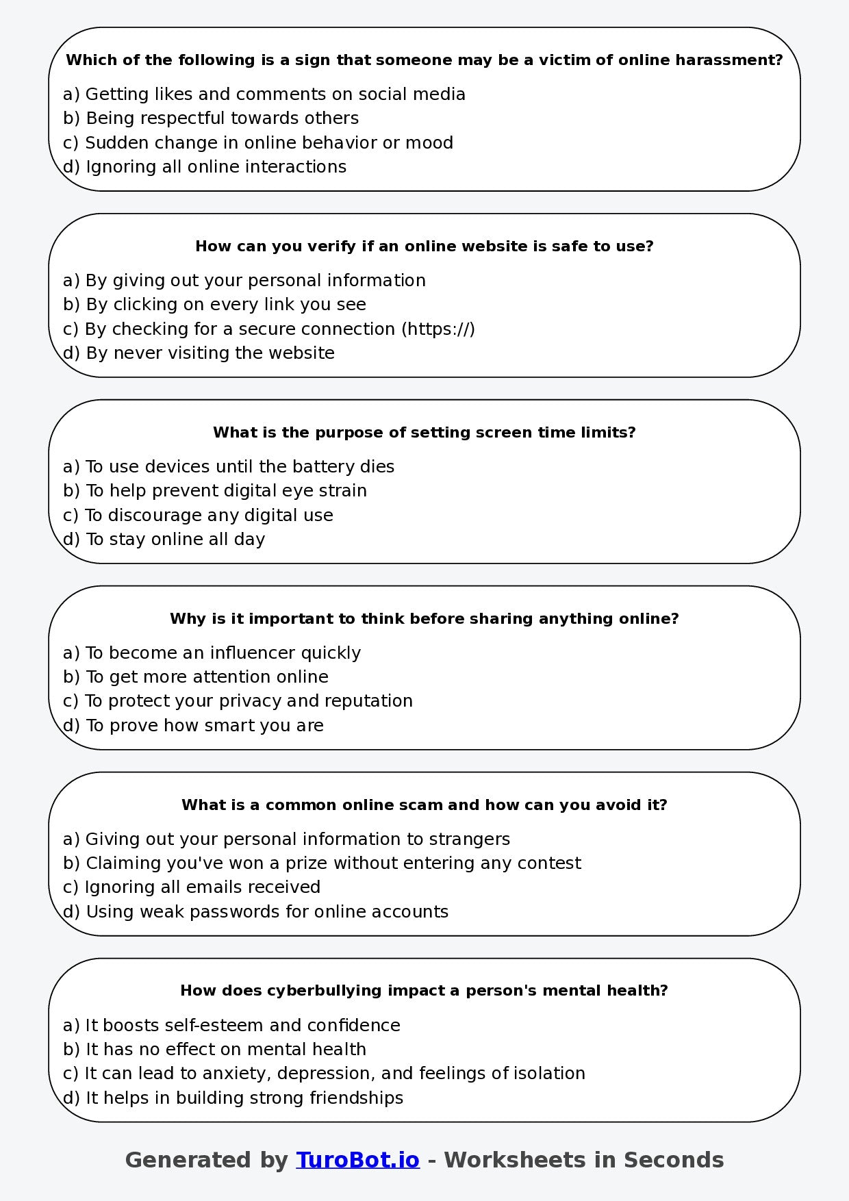 Year 7 Health & Wellbeing Multiple Choice Worksheet – Online Safety and Digital Balance