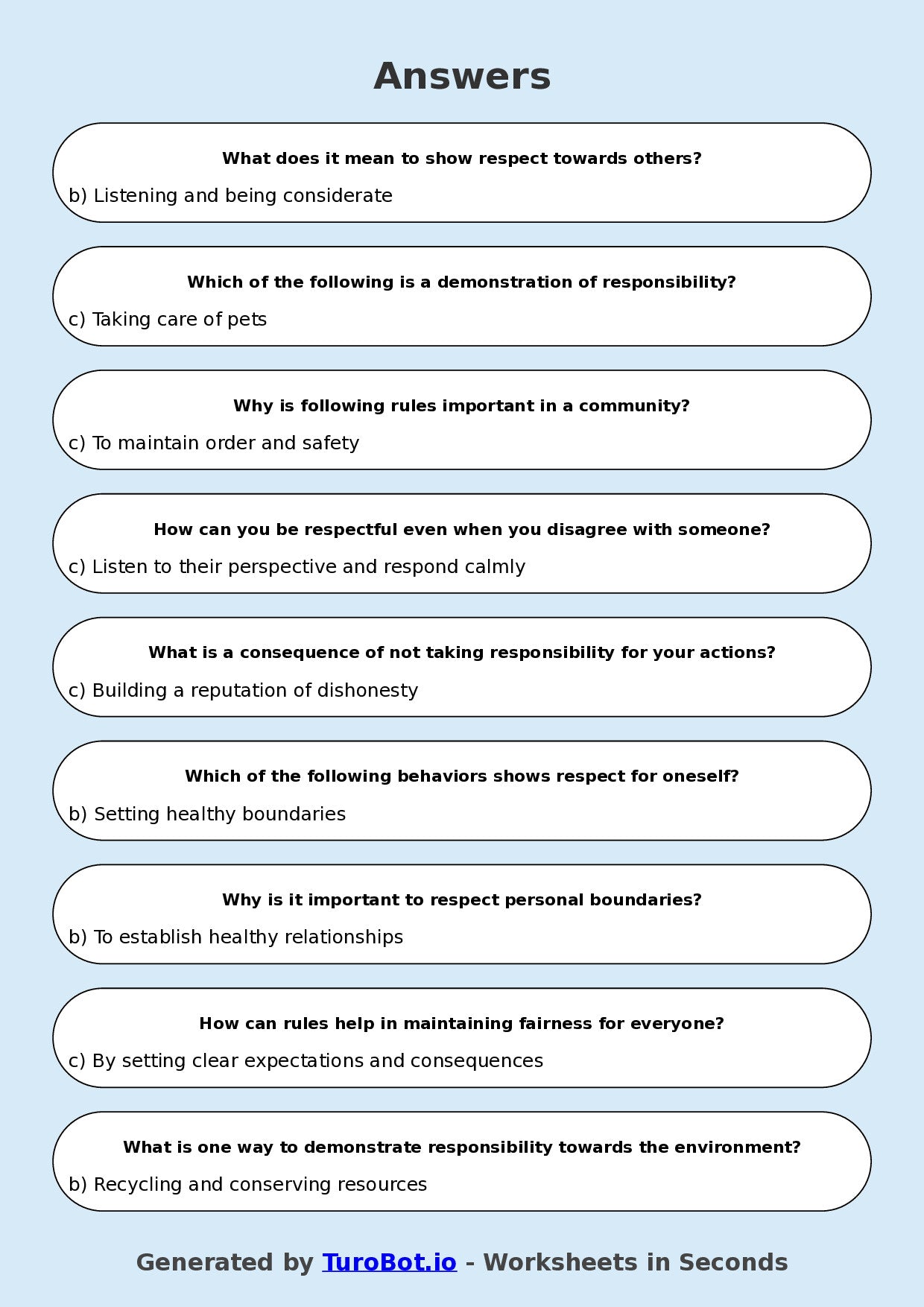 Year 8 Health & Wellbeing Multiple Choice Worksheet – Respect Responsibility and Rules
