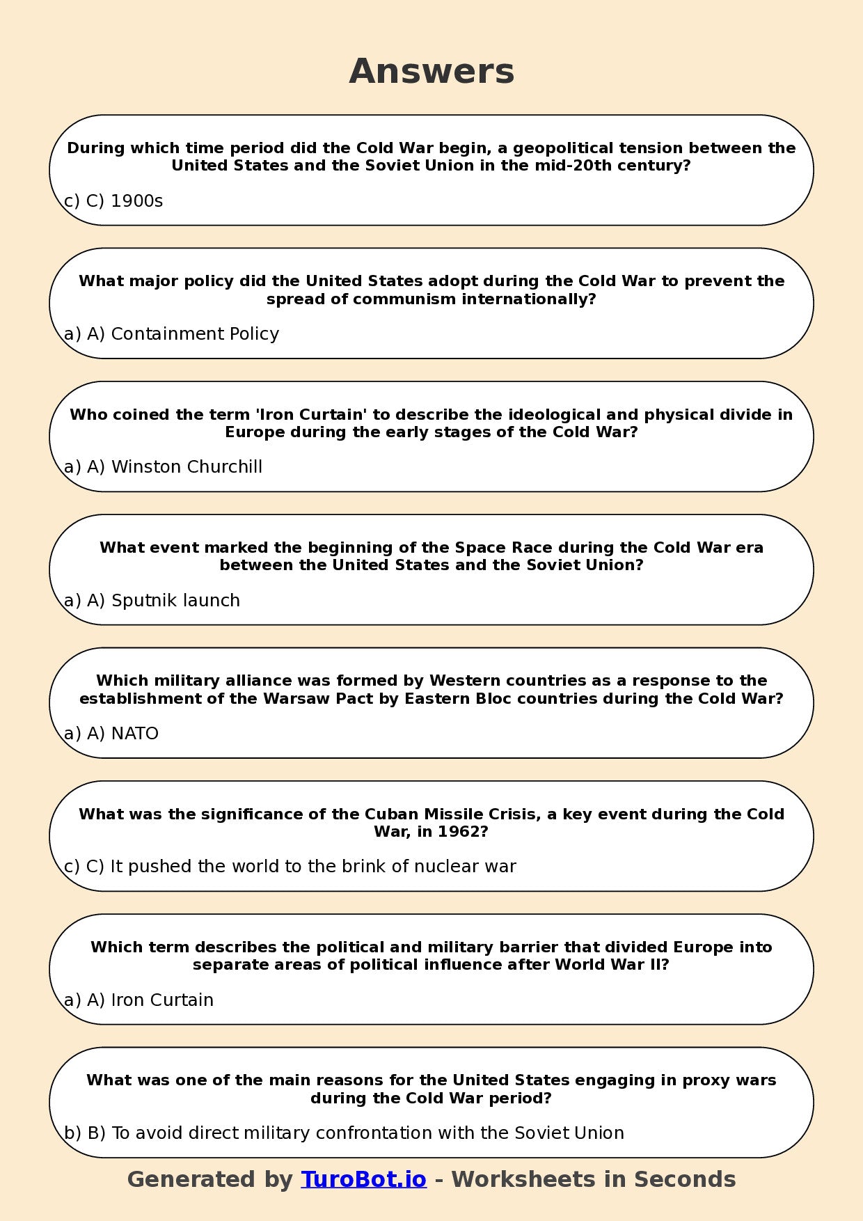 Year 10 History Multiple Choice Worksheet – Cold War Introduction