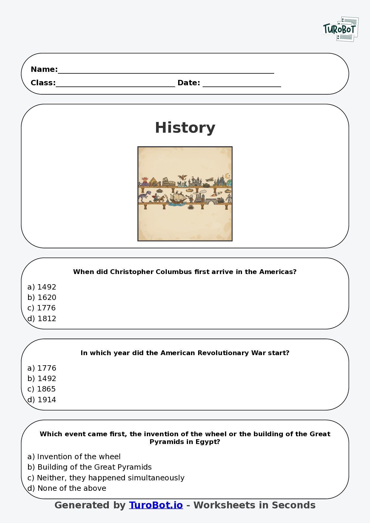 Year 6 History Multiple Choice Worksheet – Understanding Timelines