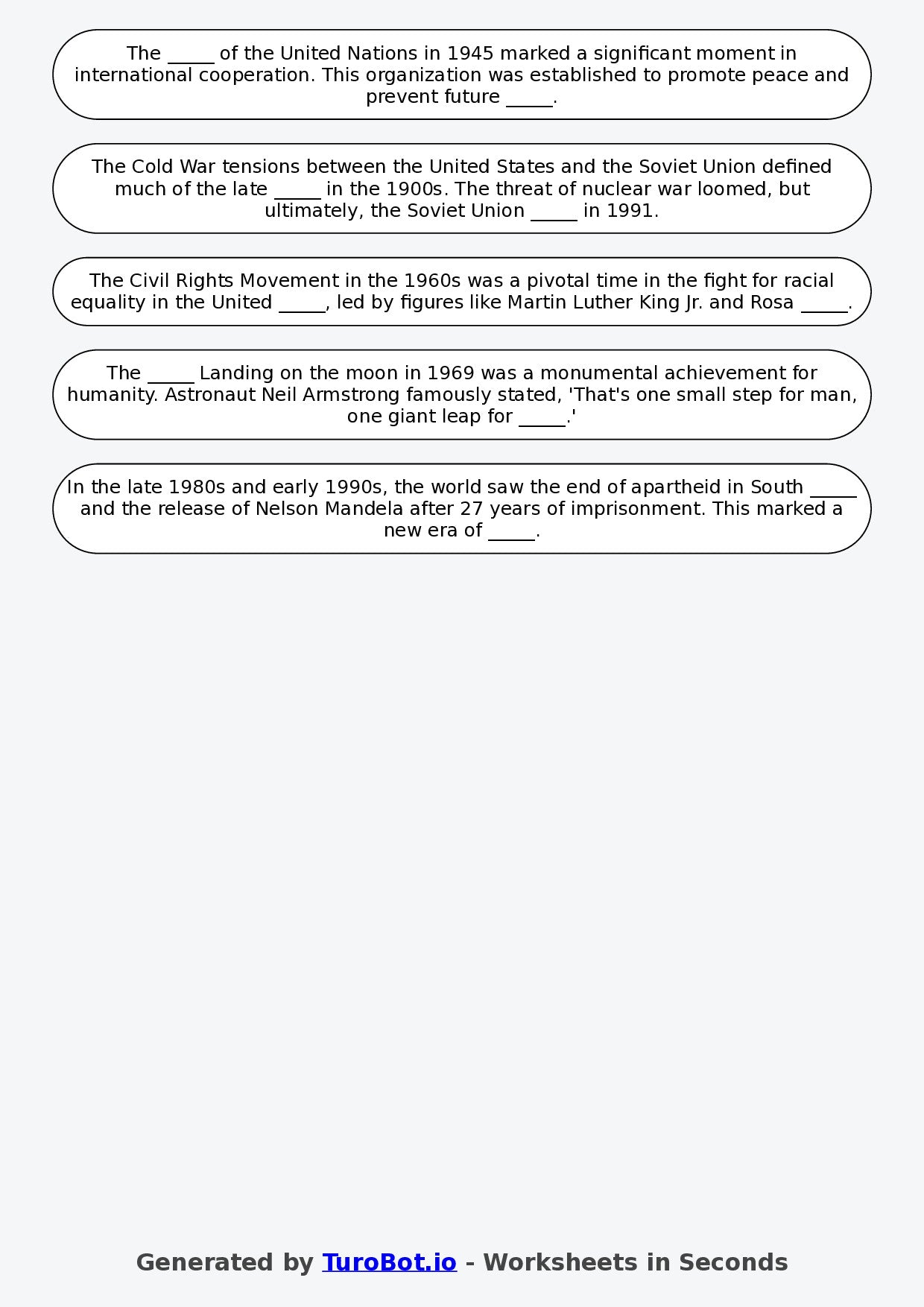 Year 5 History Fill in the Blanks Worksheet – Timelines and Key Events in the 1900s