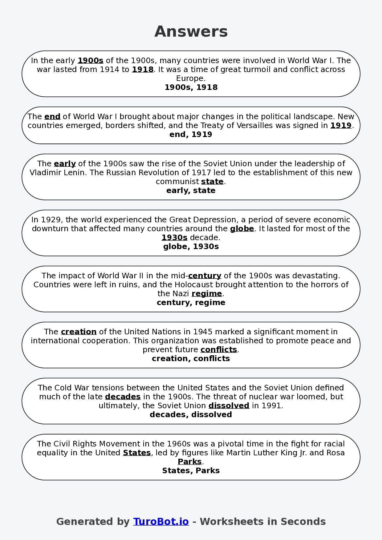Year 5 History Fill in the Blanks Worksheet – Timelines and Key Events in the 1900s