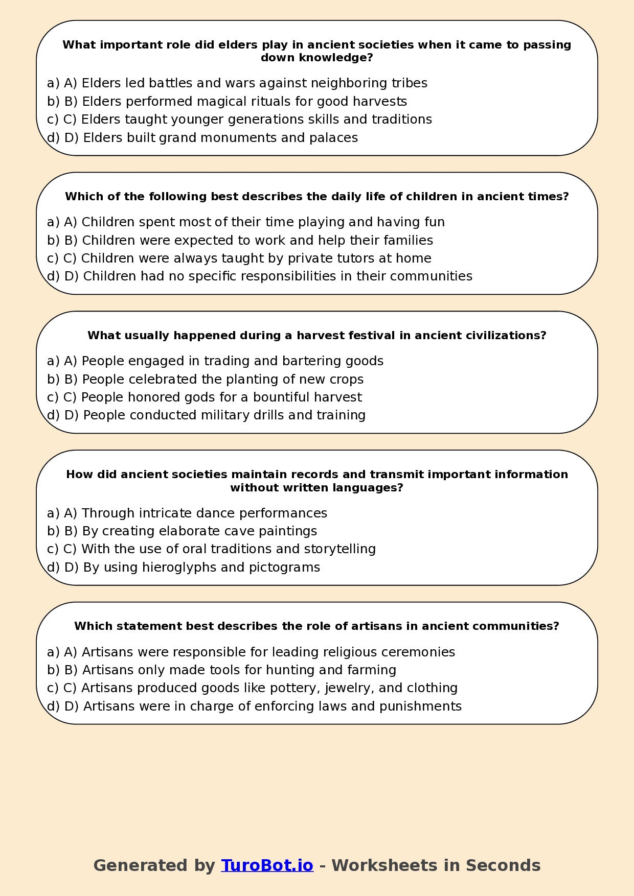 Year 5 History Multiple Choice Worksheet – Daily Life in Ancient Times