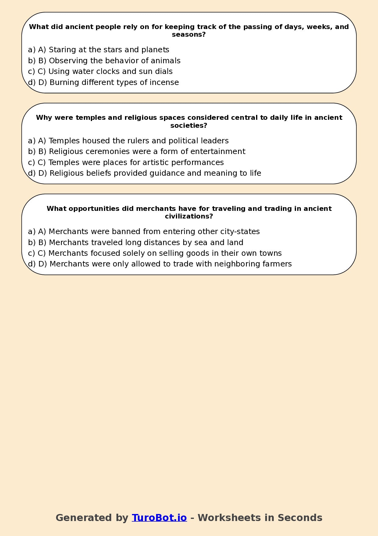 Year 5 History Multiple Choice Worksheet – Daily Life in Ancient Times