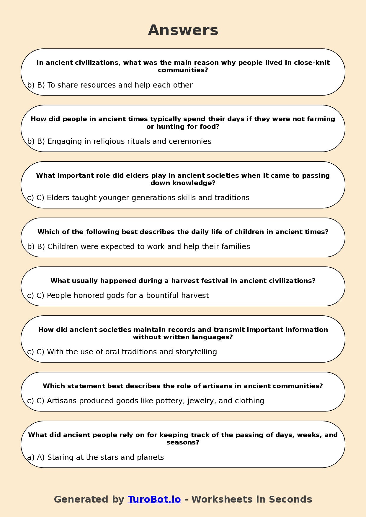 Year 5 History Multiple Choice Worksheet – Daily Life in Ancient Times