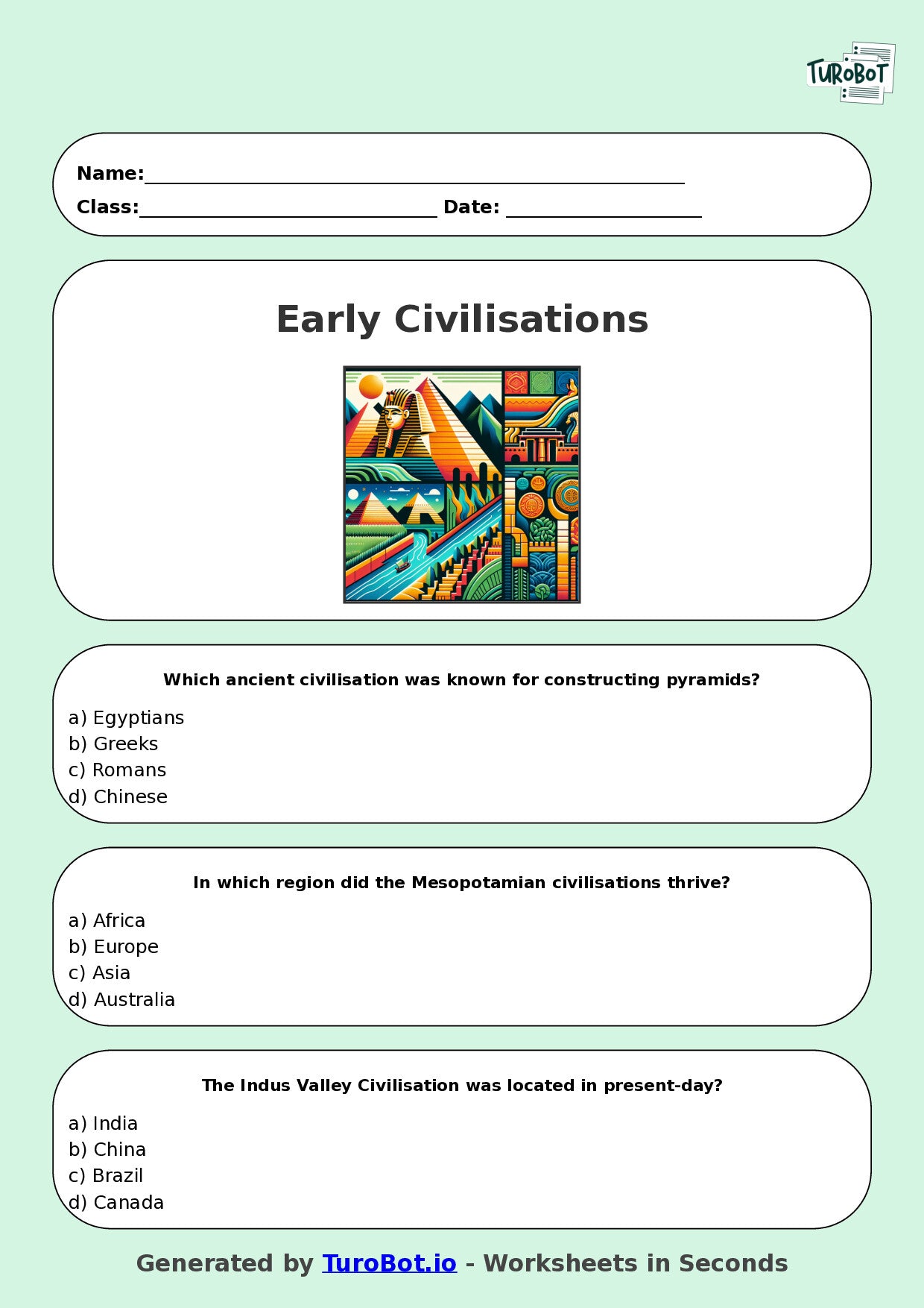 Year 5 History Multiple Choice Worksheet – Early Civilisations