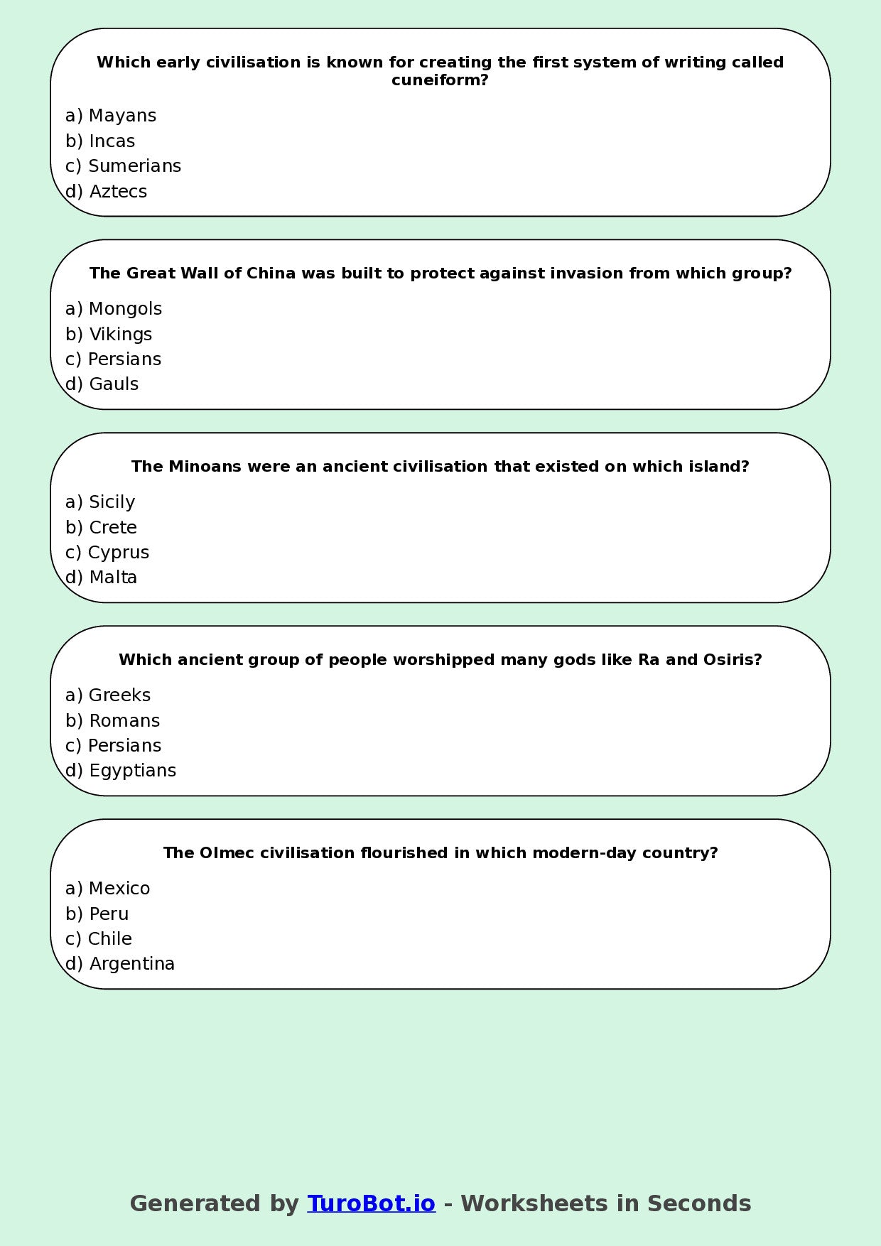 Year 5 History Multiple Choice Worksheet – Early Civilisations