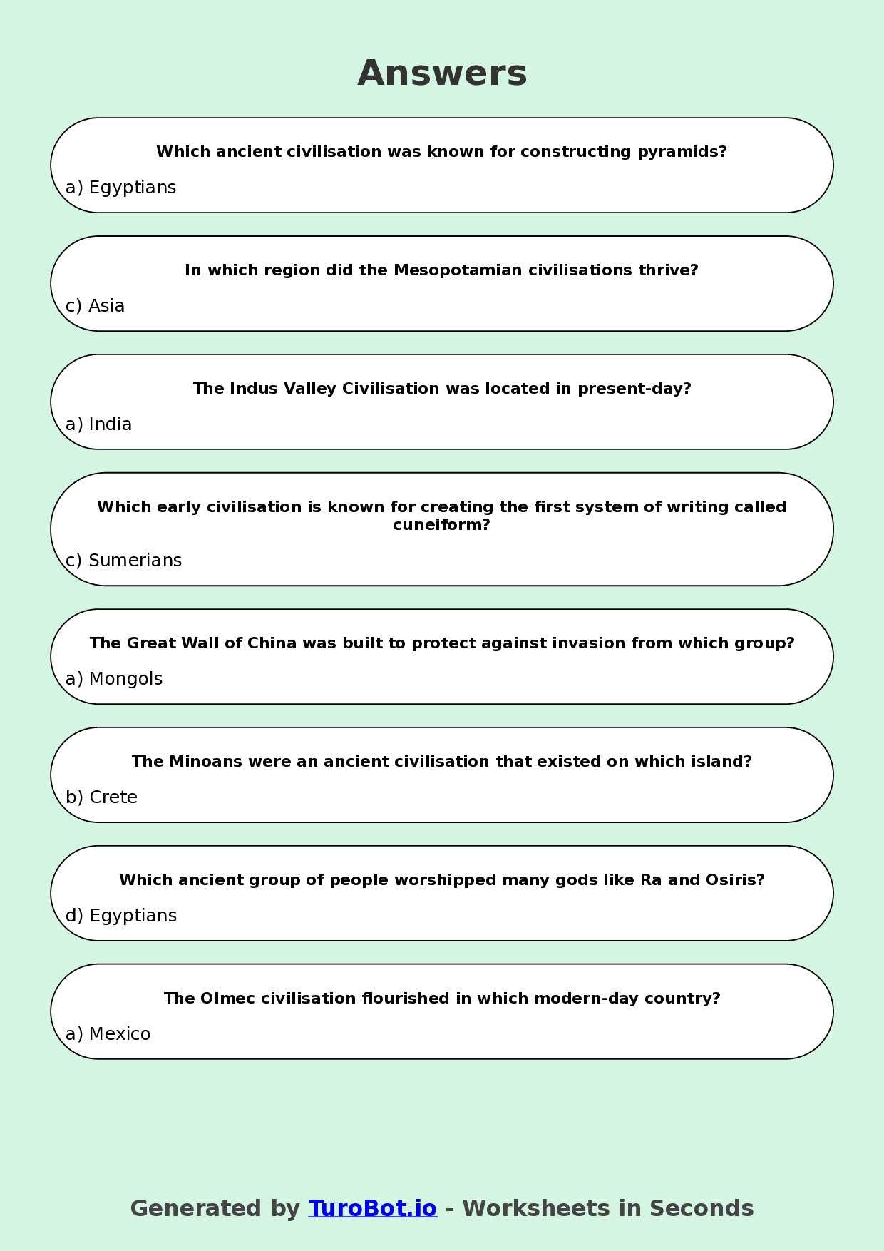 Year 5 History Multiple Choice Worksheet – Early Civilisations