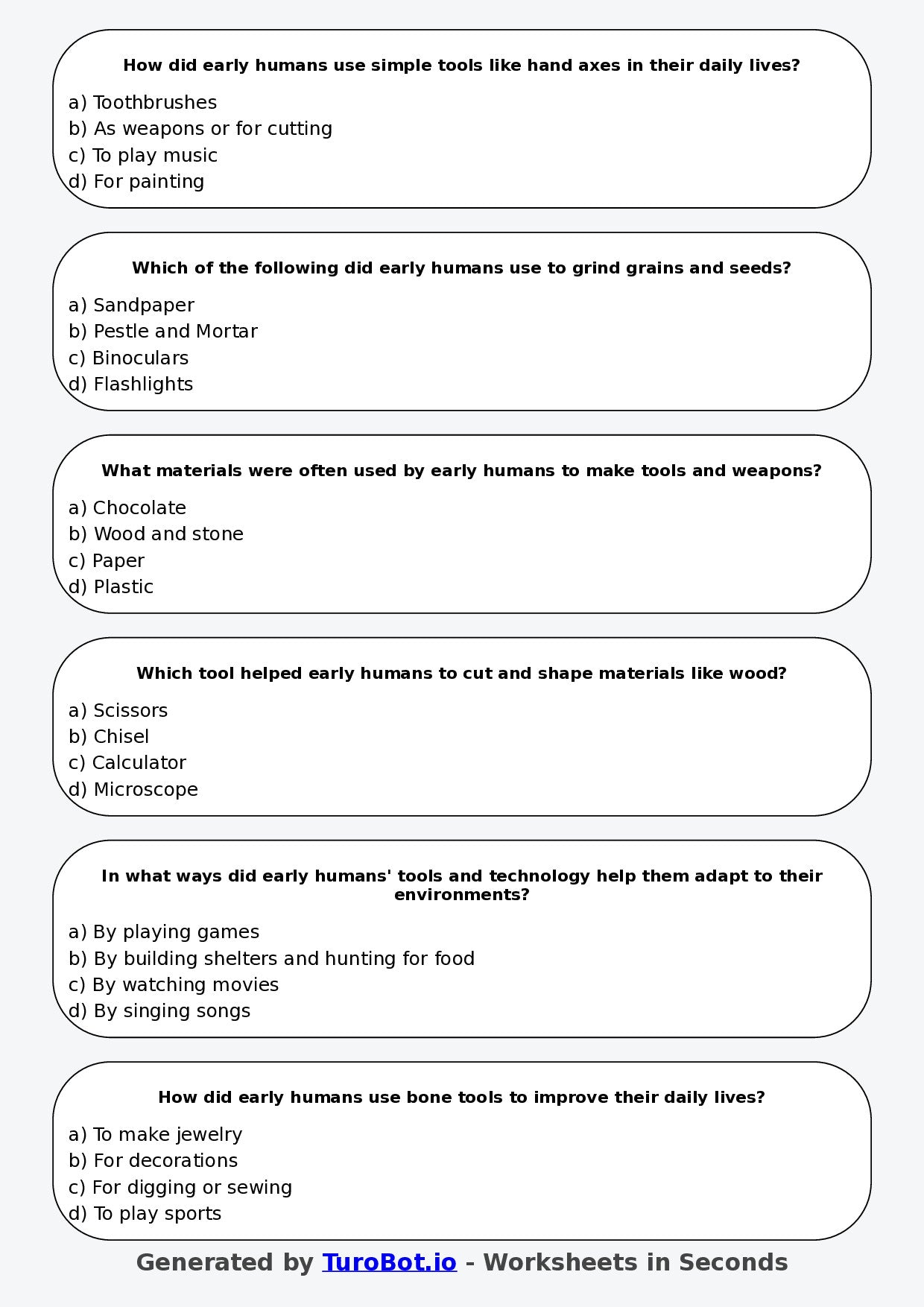 Year 5 History Multiple Choice Worksheet – Early Human Tools and Technology