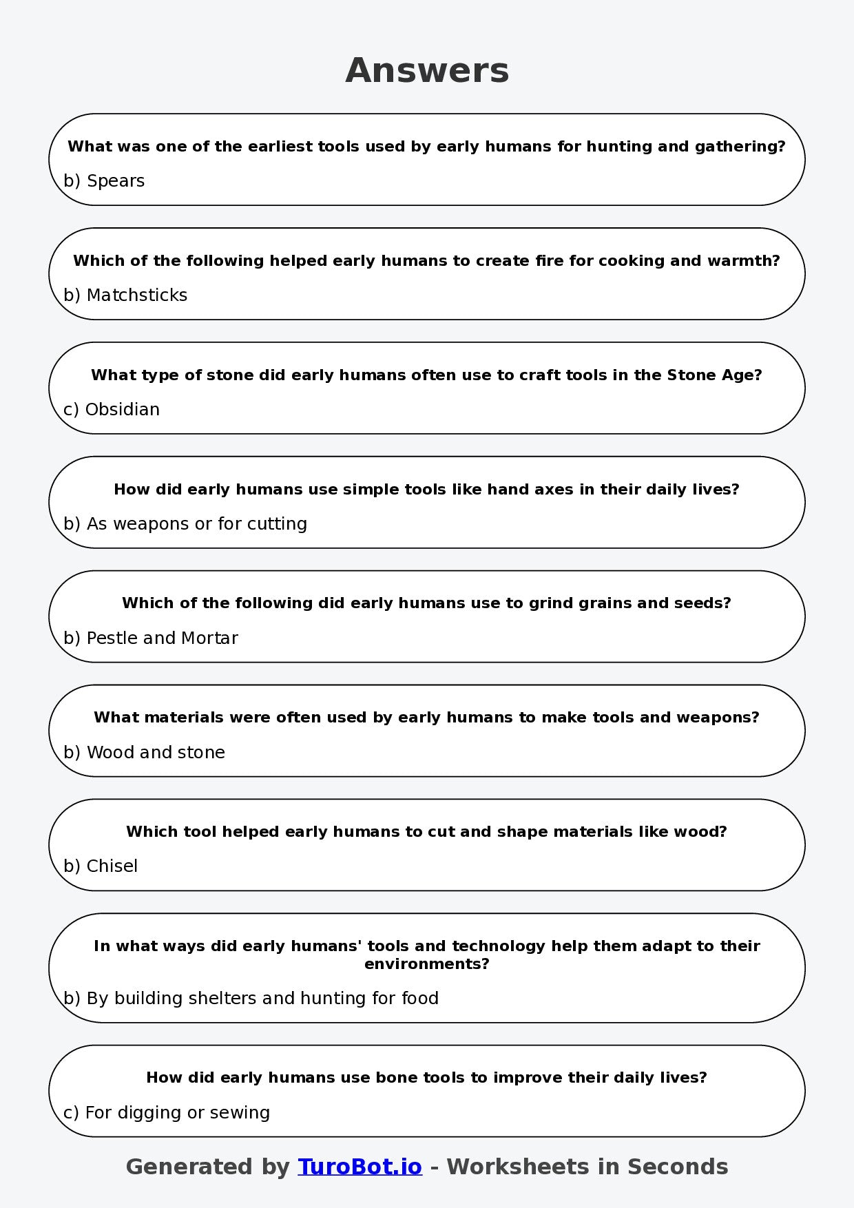 Year 5 History Multiple Choice Worksheet – Early Human Tools and Technology