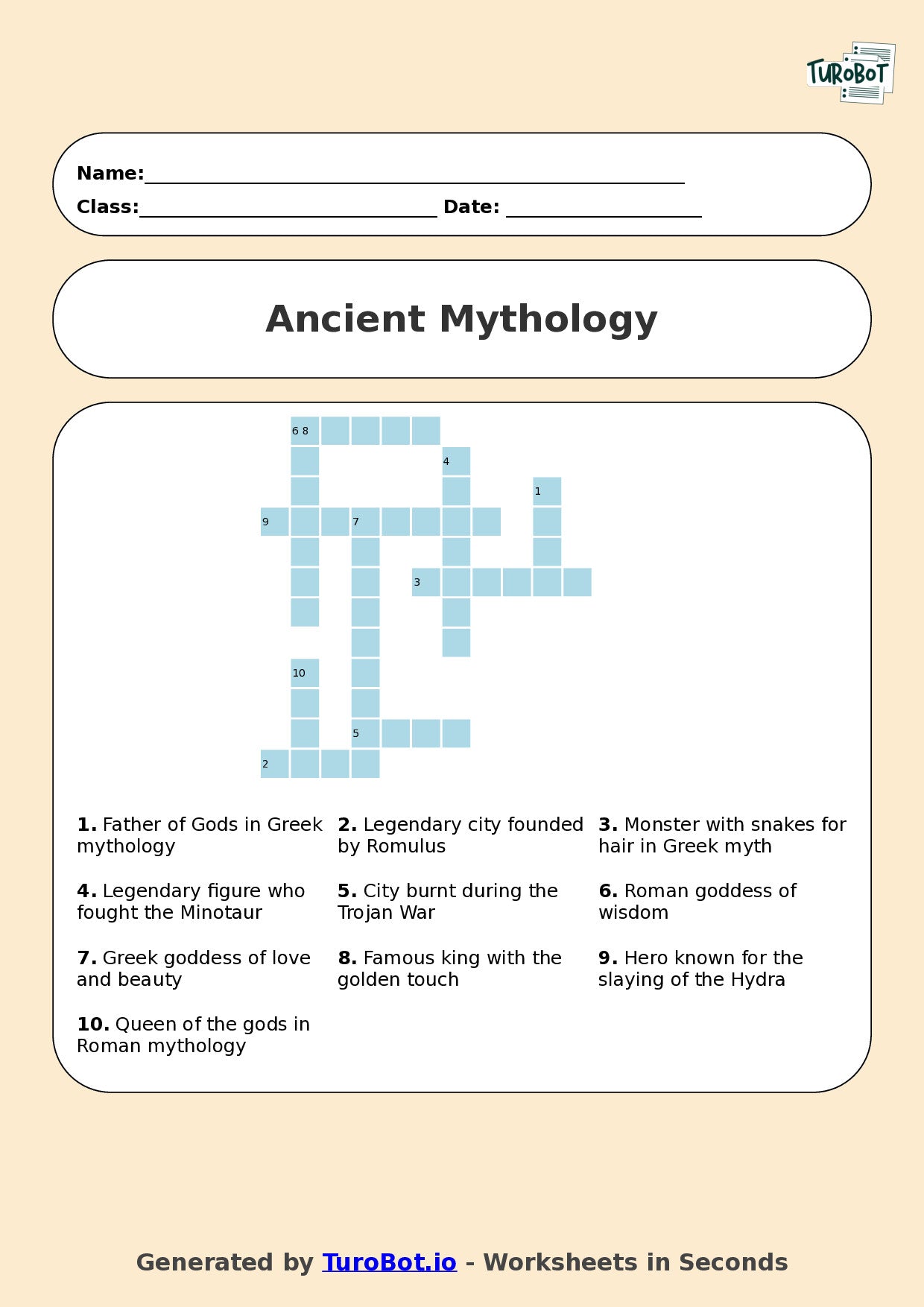 Year 6 History Crossword Worksheet – Ancient Mythology