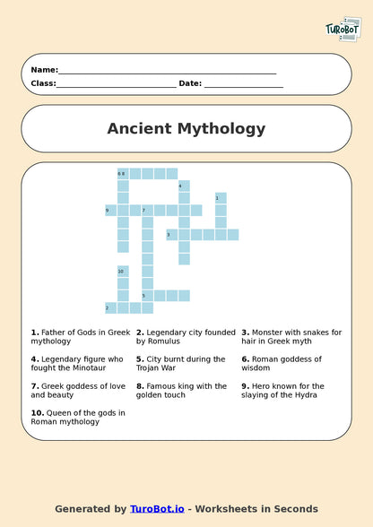 Year 6 History Crossword Worksheet – Ancient Mythology