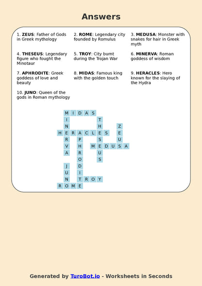 Year 6 History Crossword Worksheet – Ancient Mythology