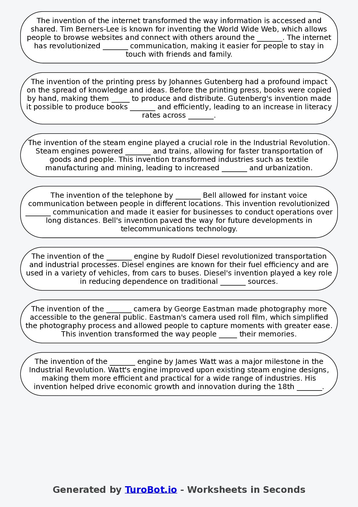 Year 6 History Fill in the Blanks Worksheet – Inventions That Changed the World