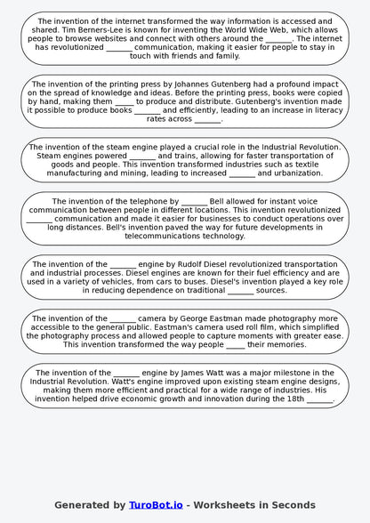 Year 6 History Fill in the Blanks Worksheet – Inventions That Changed the World