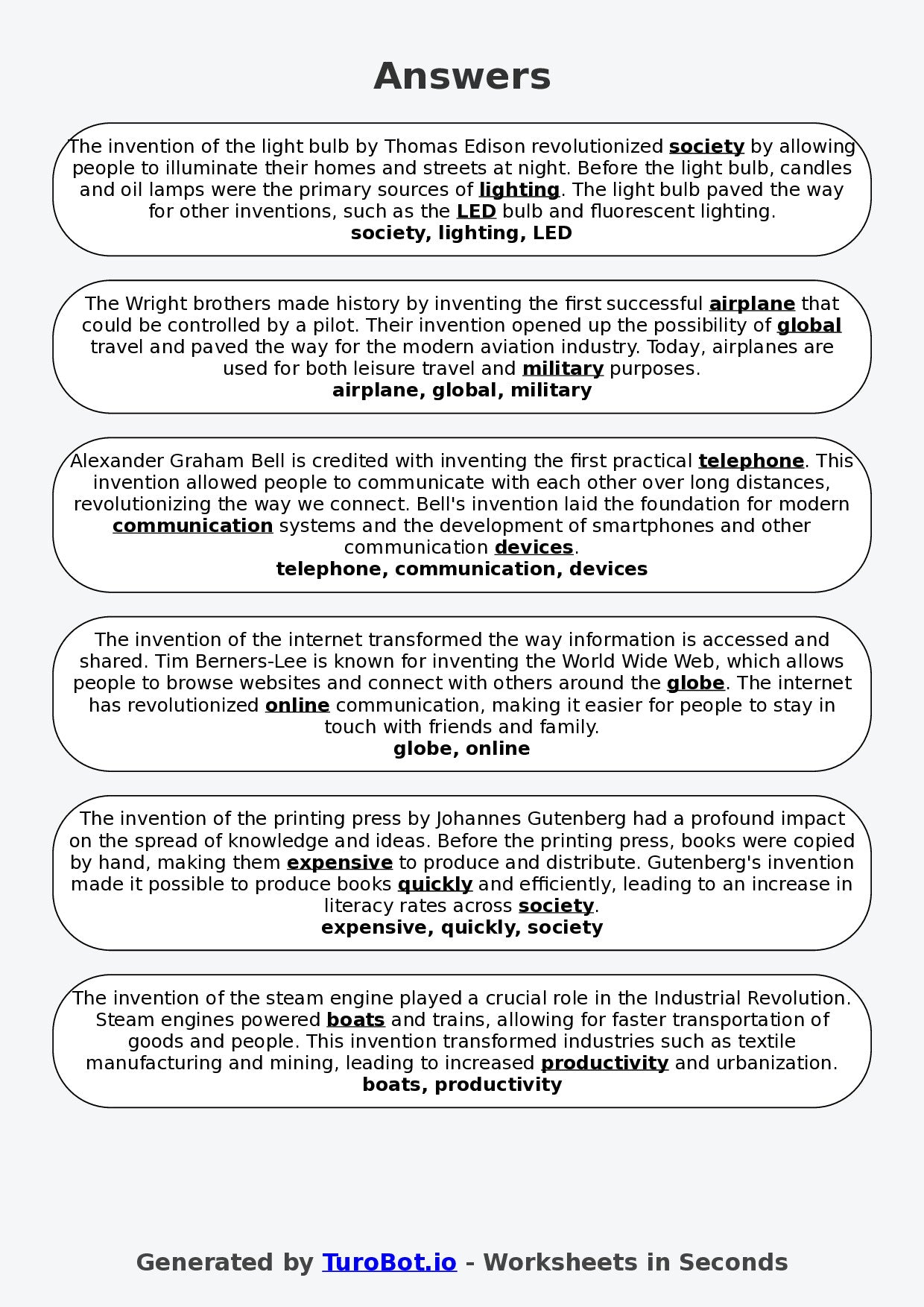 Year 6 History Fill in the Blanks Worksheet – Inventions That Changed the World
