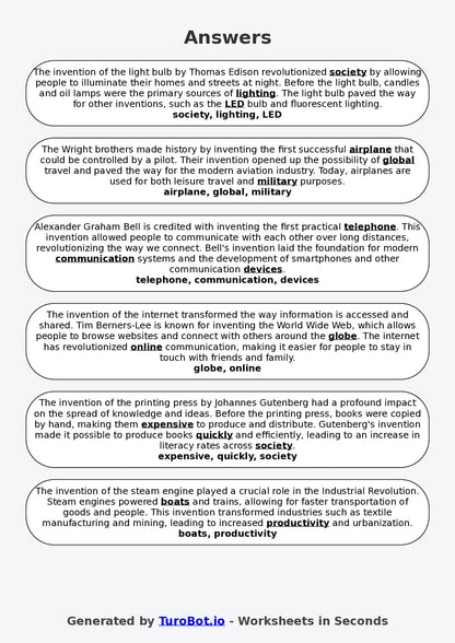 Year 6 History Fill in the Blanks Worksheet – Inventions That Changed the World