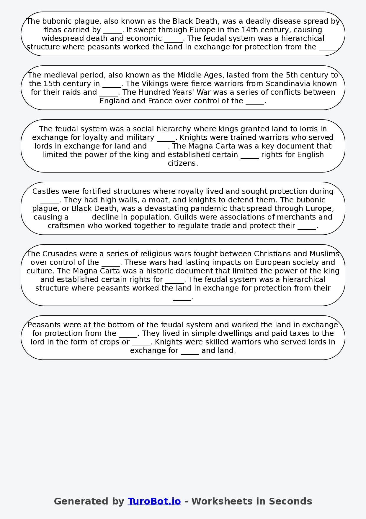 Year 6 History Fill in the Blanks Worksheet – Medieval Times Basics
