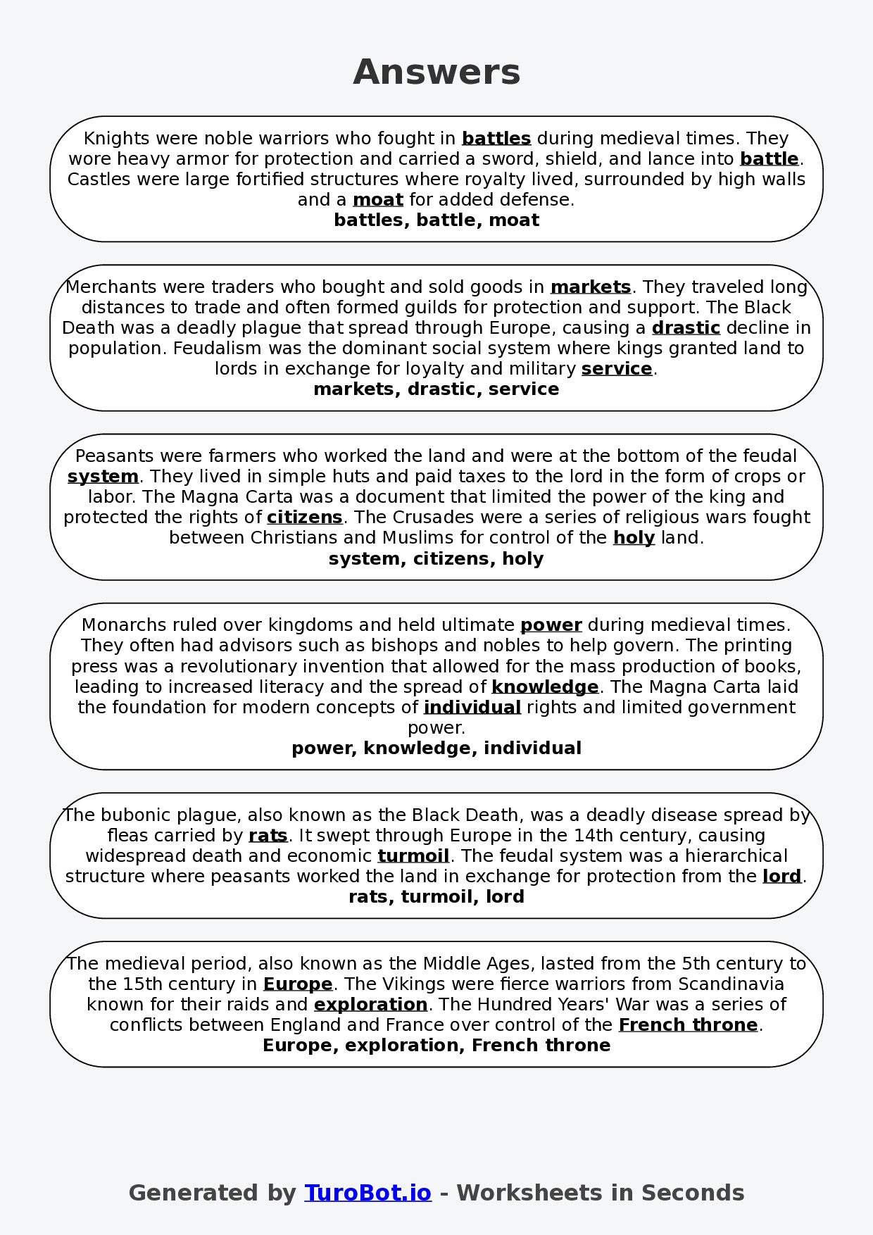 Year 6 History Fill in the Blanks Worksheet – Medieval Times Basics