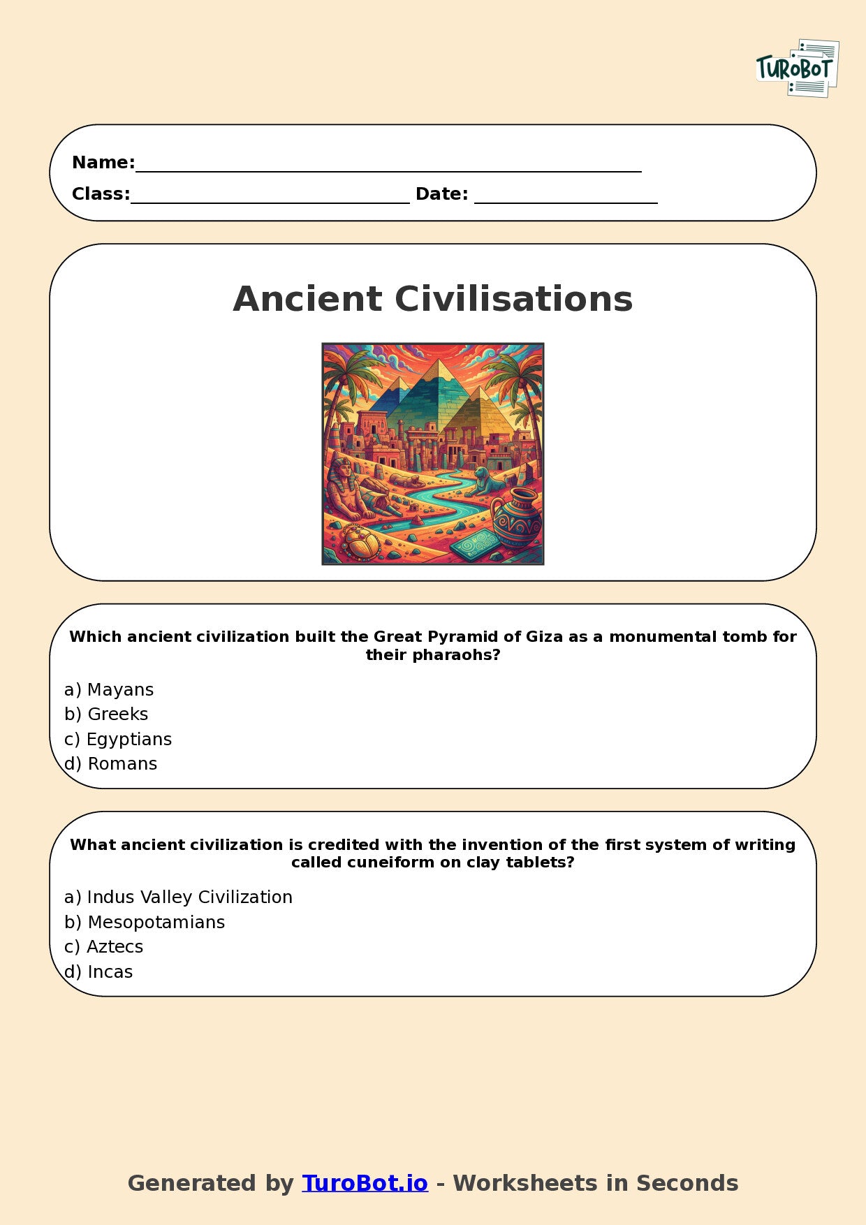 Year 6 History Multiple Choice Worksheet – Ancient Civilisations Overview