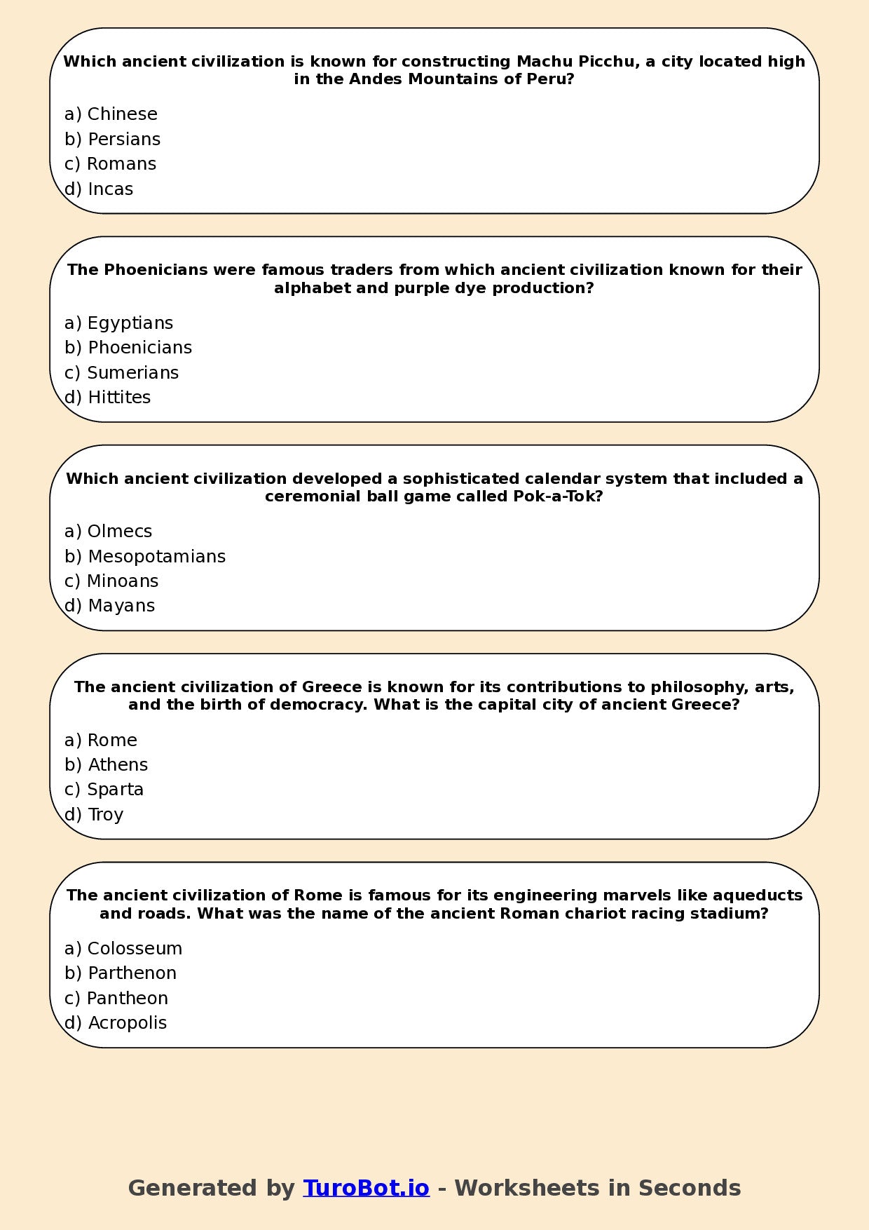 Year 6 History Multiple Choice Worksheet – Ancient Civilisations Overview