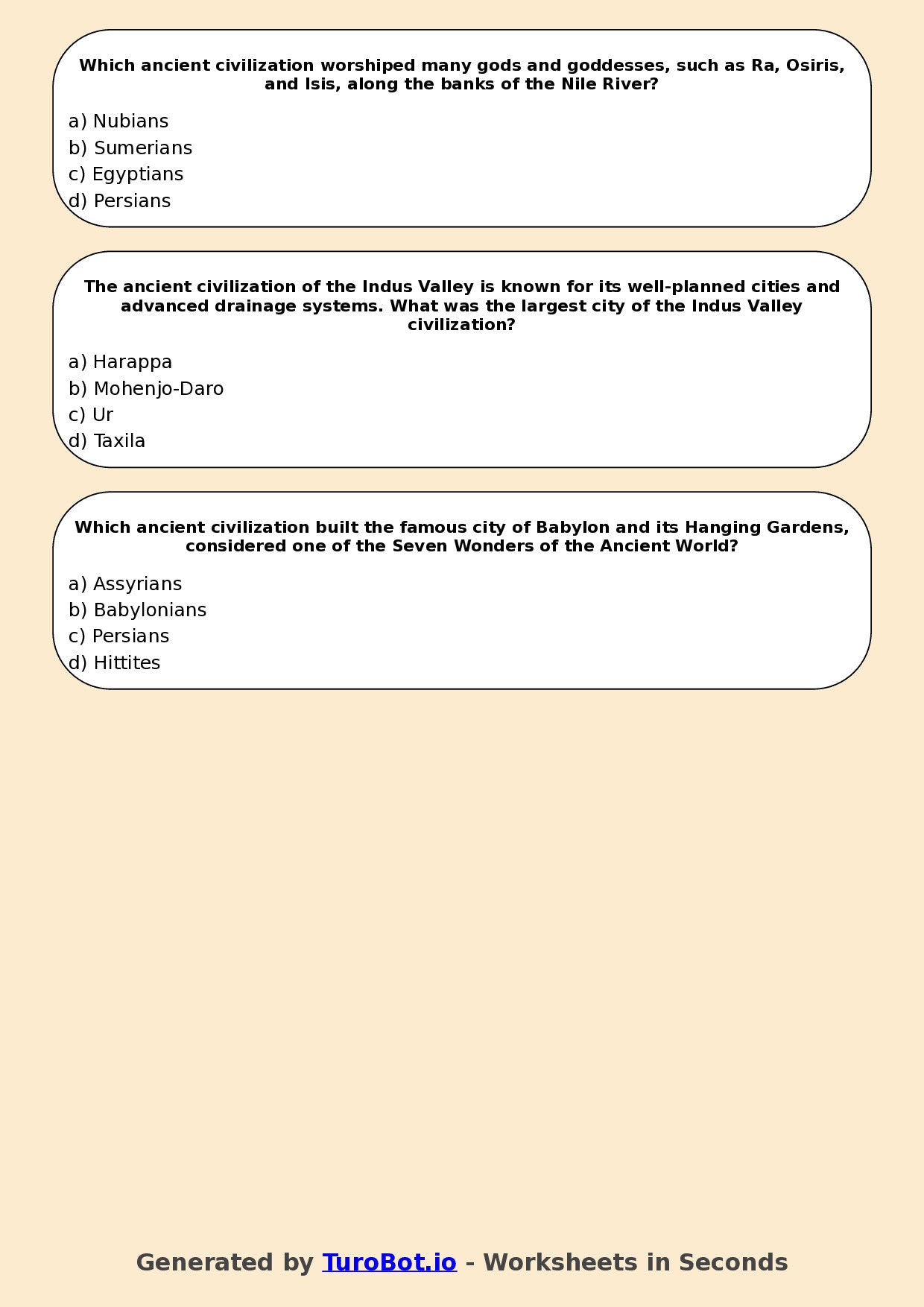 Year 6 History Multiple Choice Worksheet – Ancient Civilisations Overview