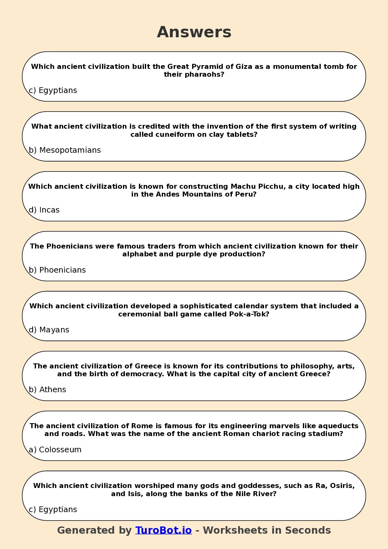 Year 6 History Multiple Choice Worksheet – Ancient Civilisations Overview