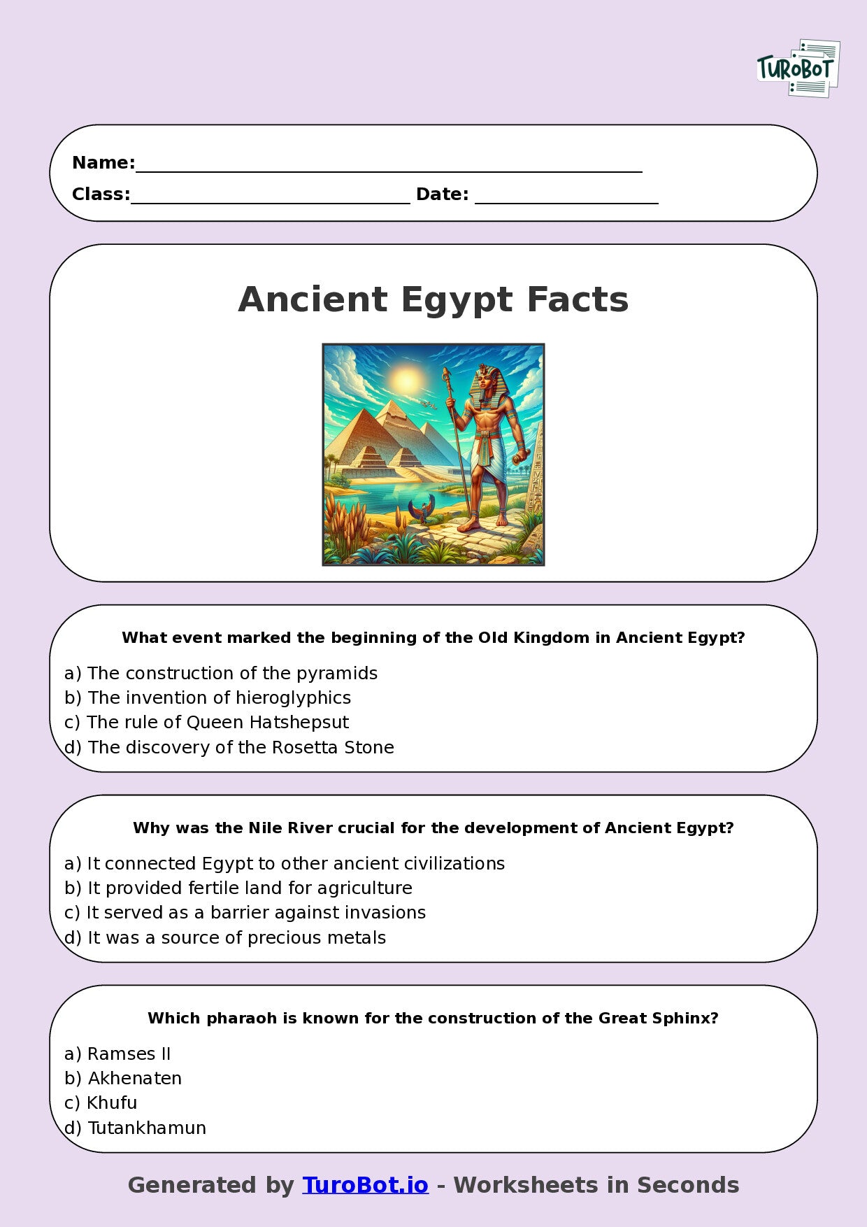 Year 6 History Multiple Choice Worksheet – Ancient Egypt Facts