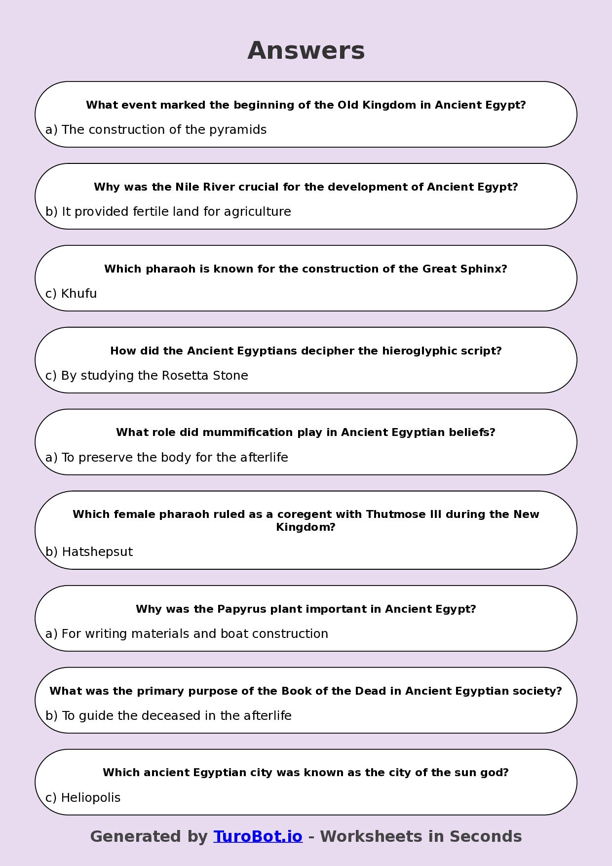 Year 6 History Multiple Choice Worksheet – Ancient Egypt Facts