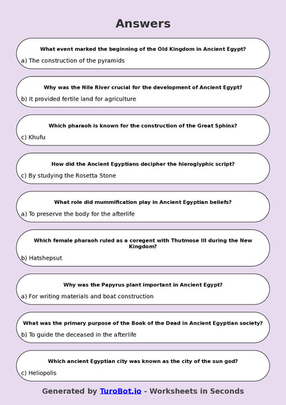 Year 6 History Multiple Choice Worksheet – Ancient Egypt Facts