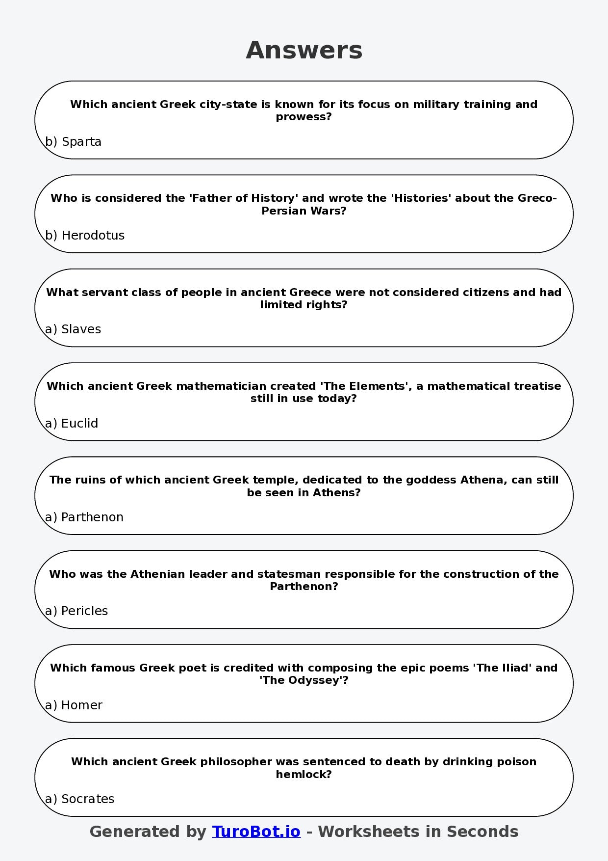 Year 6 History Multiple Choice Worksheet – Ancient Greece Basics