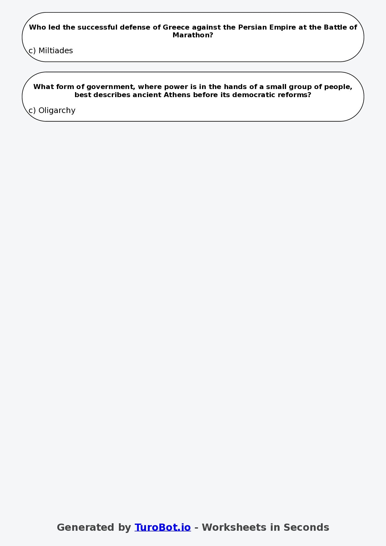 Year 6 History Multiple Choice Worksheet – Ancient Greece Basics