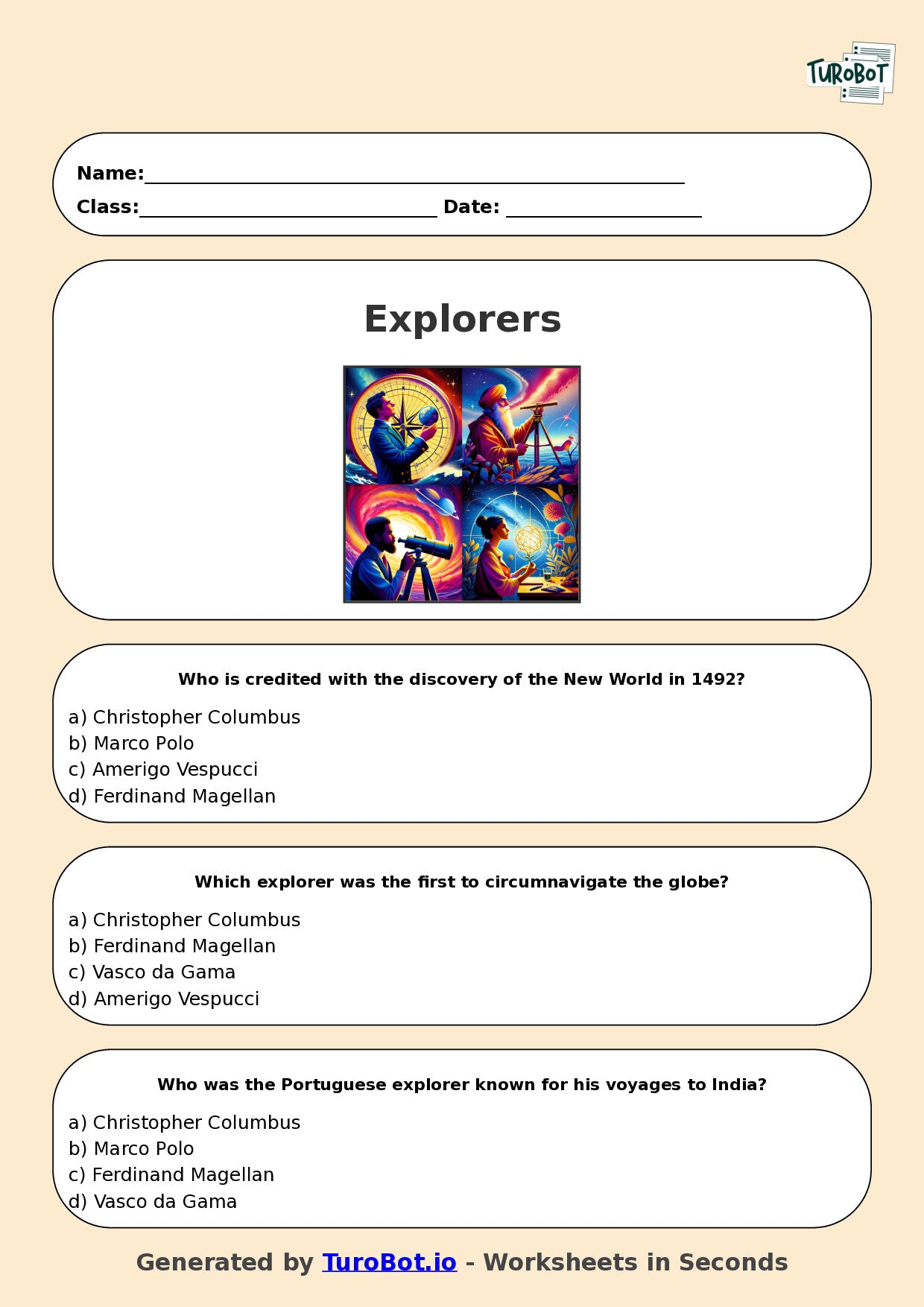 Year 6 History Multiple Choice Worksheet – Explorers and Discoveries