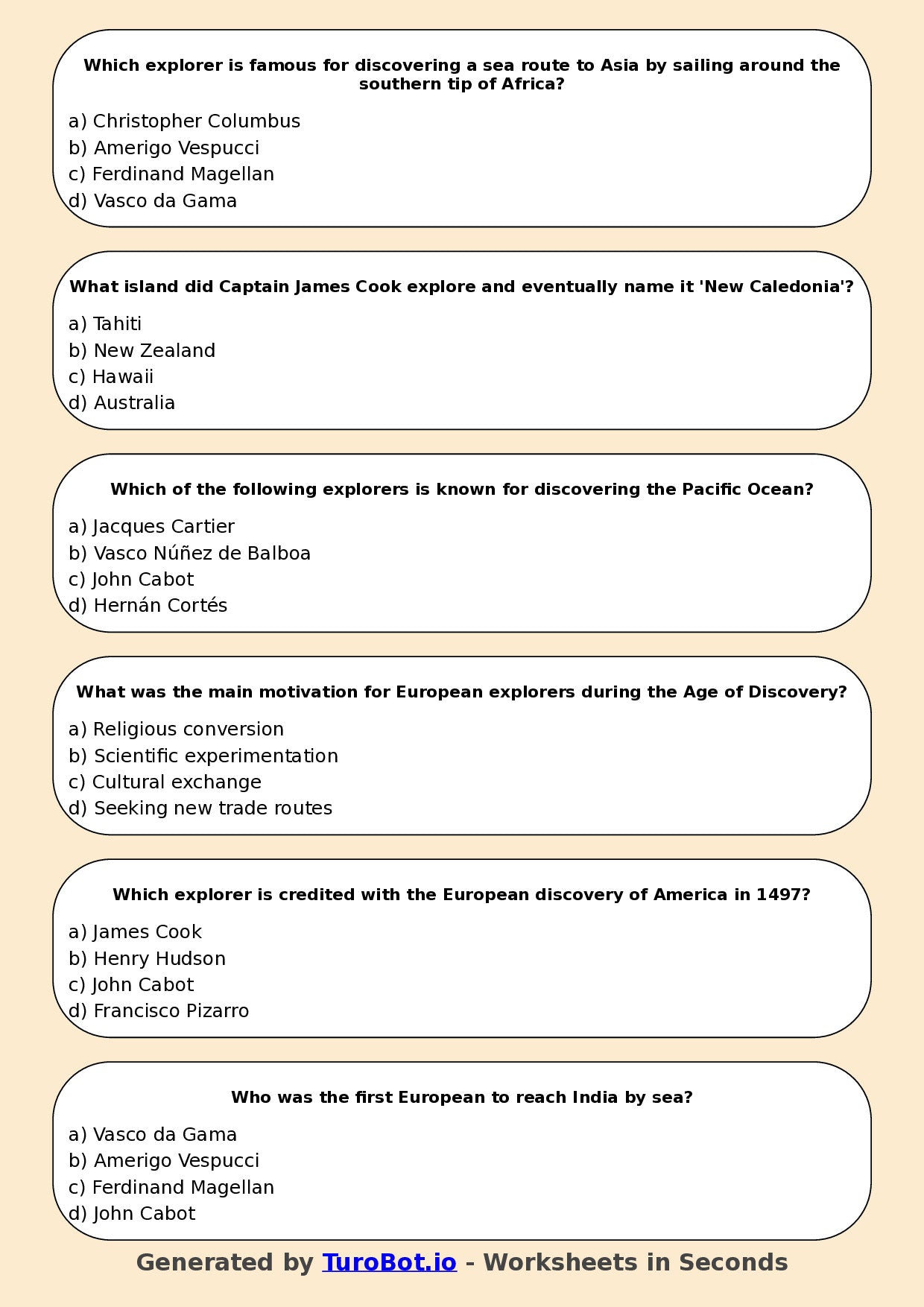 Year 6 History Multiple Choice Worksheet – Explorers and Discoveries