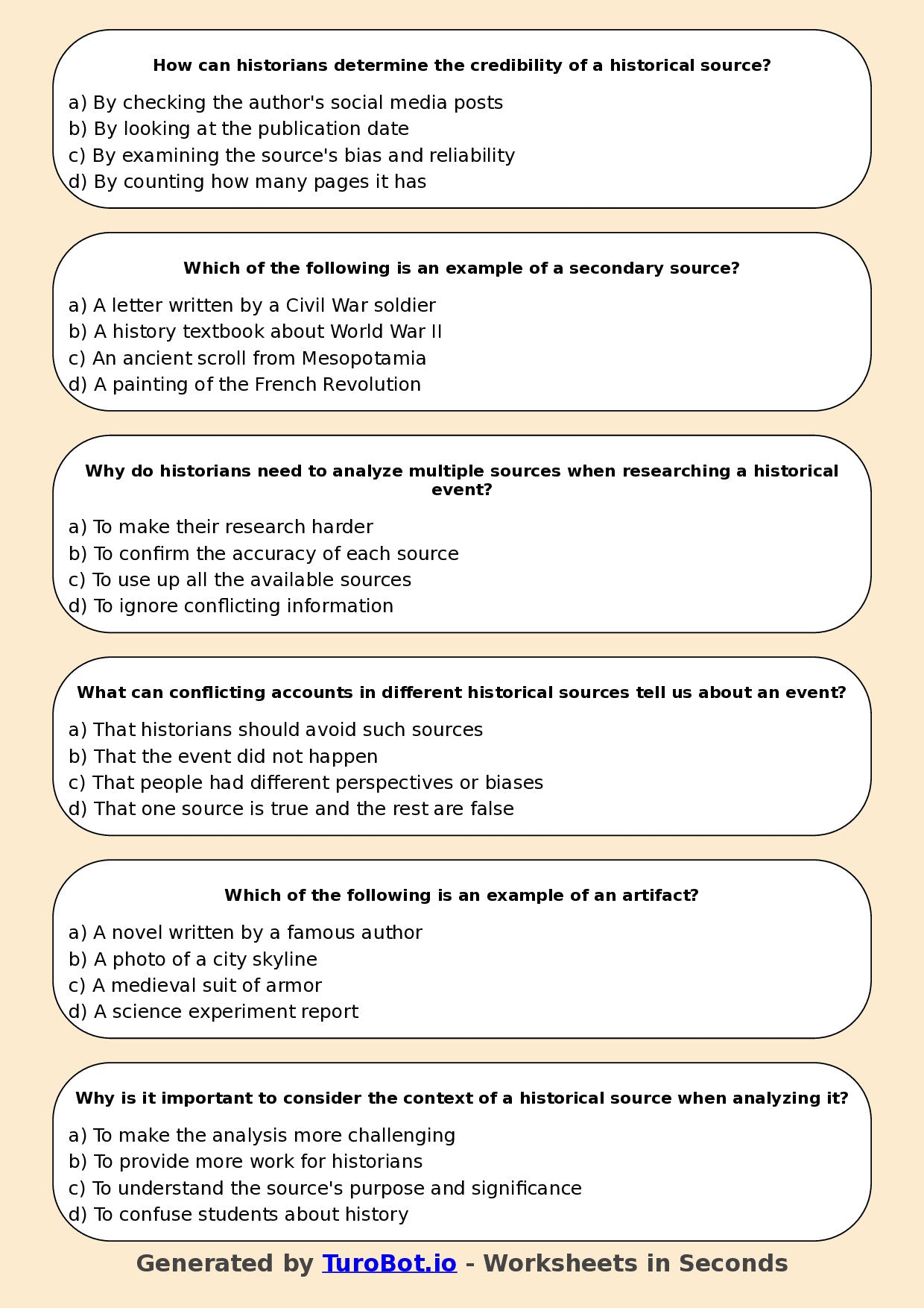 Year 6 History Multiple Choice Worksheet – Historical Sources and Evidence