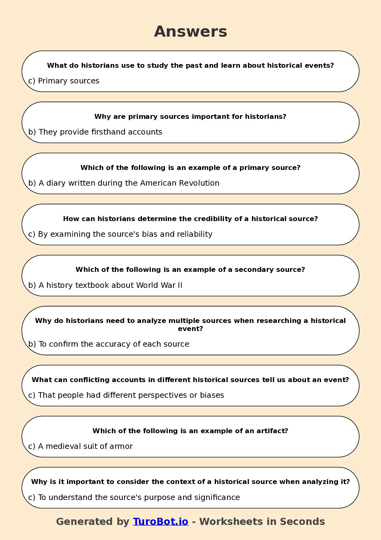 Year 6 History Multiple Choice Worksheet – Historical Sources and Evidence