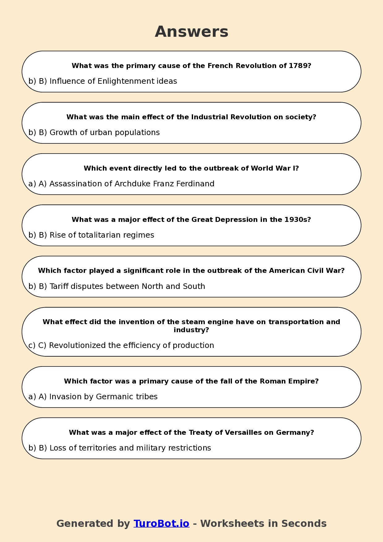 Year 7 History Multiple Choice Worksheet – Causes and Effects in History