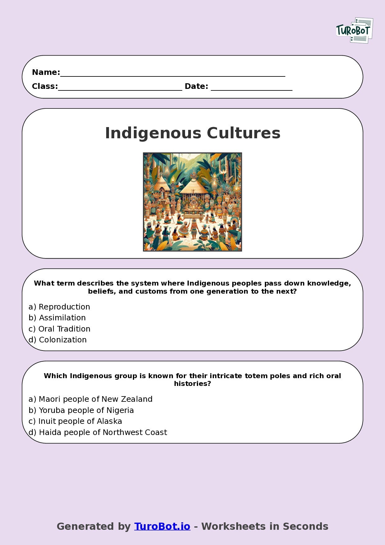 Year 7 History Multiple Choice Worksheet – Indigenous Cultures & Traditions