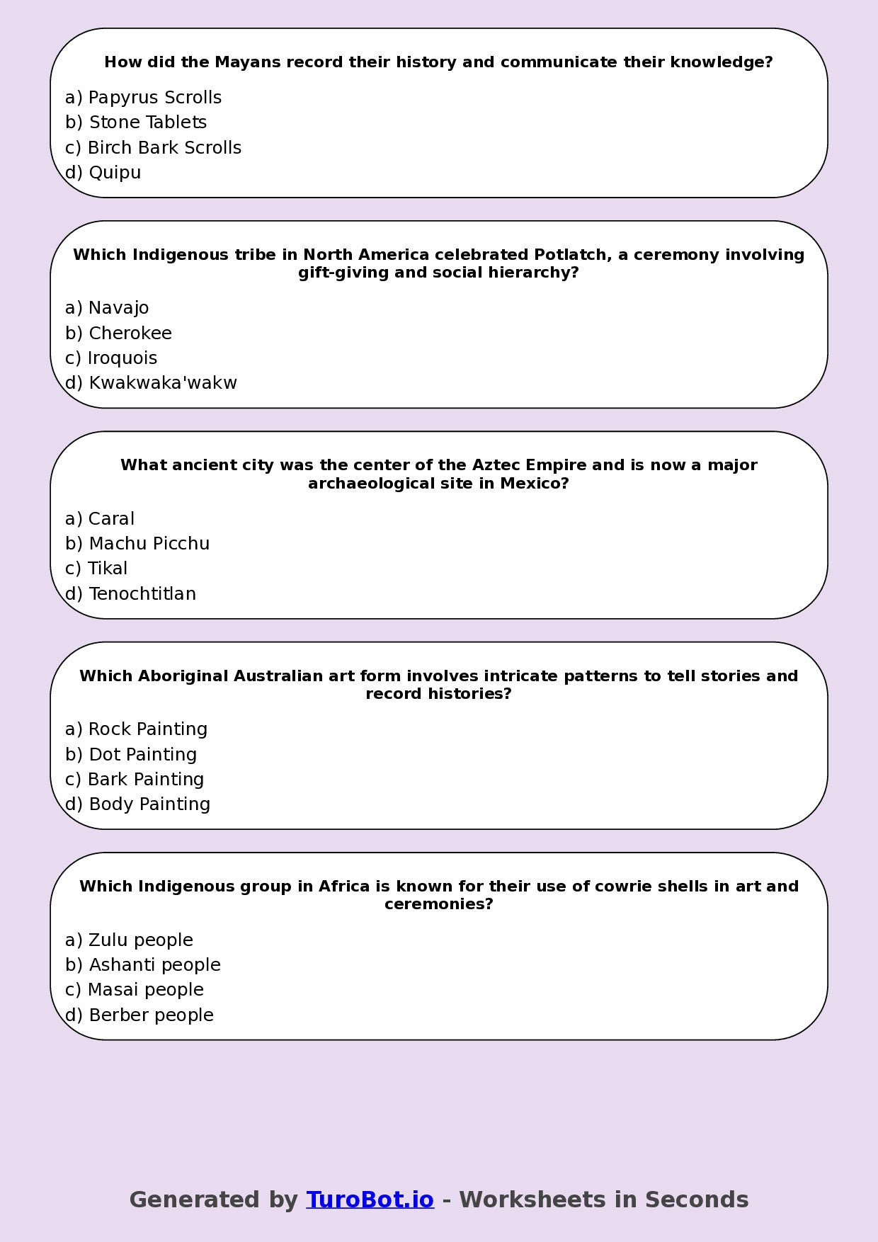 Year 7 History Multiple Choice Worksheet – Indigenous Cultures & Traditions