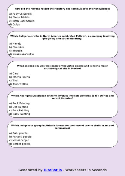 Year 7 History Multiple Choice Worksheet – Indigenous Cultures & Traditions
