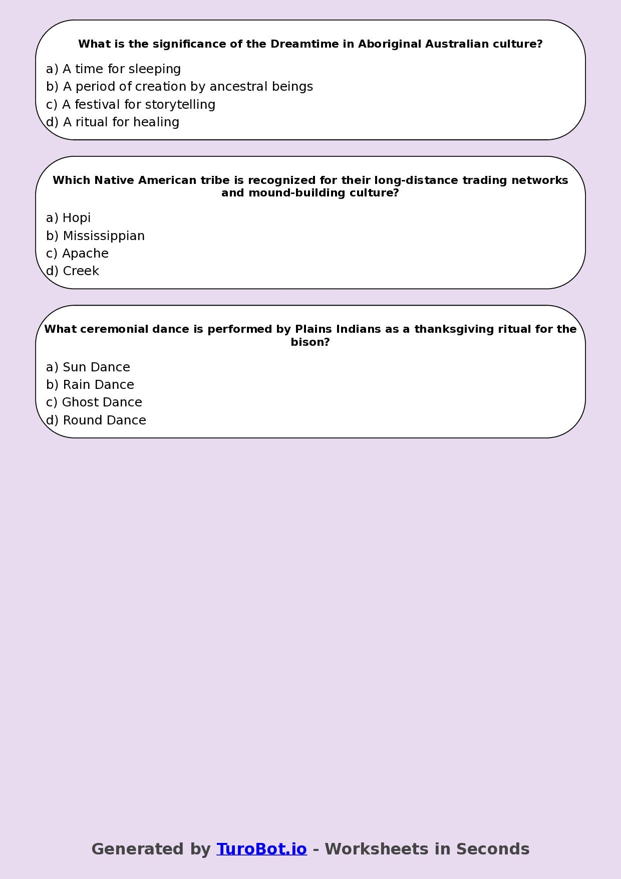 Year 7 History Multiple Choice Worksheet – Indigenous Cultures & Traditions
