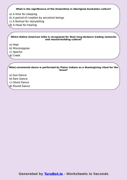 Year 7 History Multiple Choice Worksheet – Indigenous Cultures & Traditions