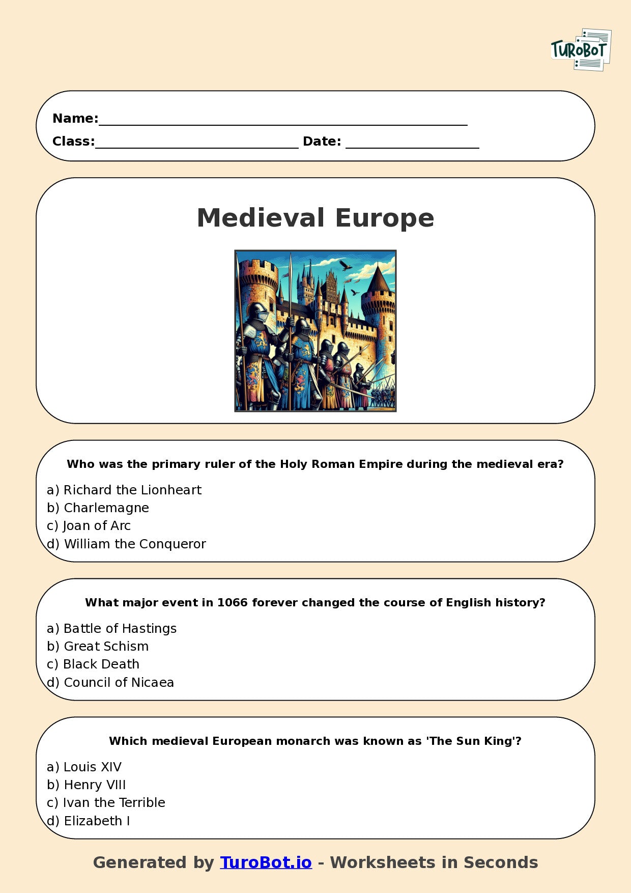 Year 7 History Multiple Choice Worksheet – Medieval Europe Overview