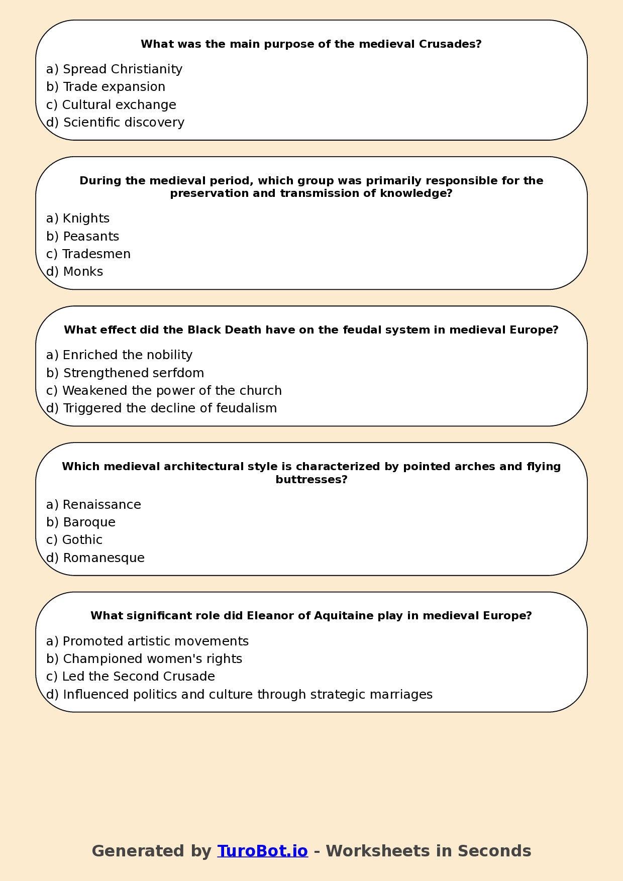 Year 7 History Multiple Choice Worksheet – Medieval Europe Overview