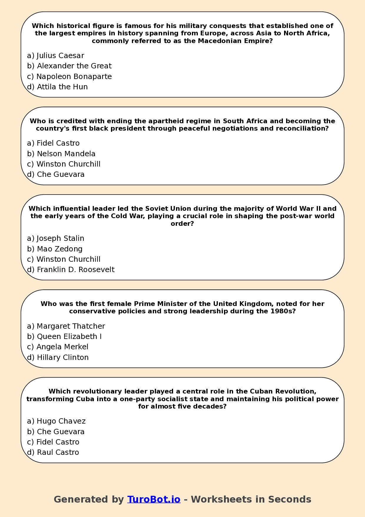 Year 7 History Multiple Choice Worksheet – Significant Historical Leaders