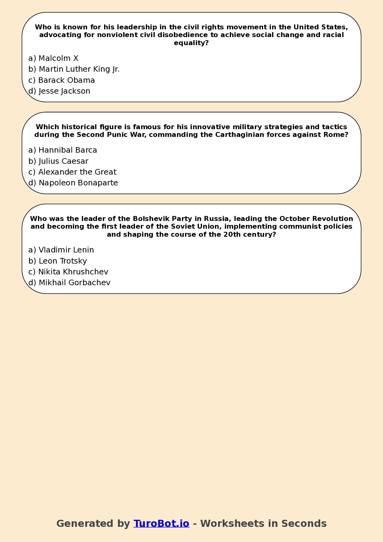 Year 7 History Multiple Choice Worksheet – Significant Historical Leaders
