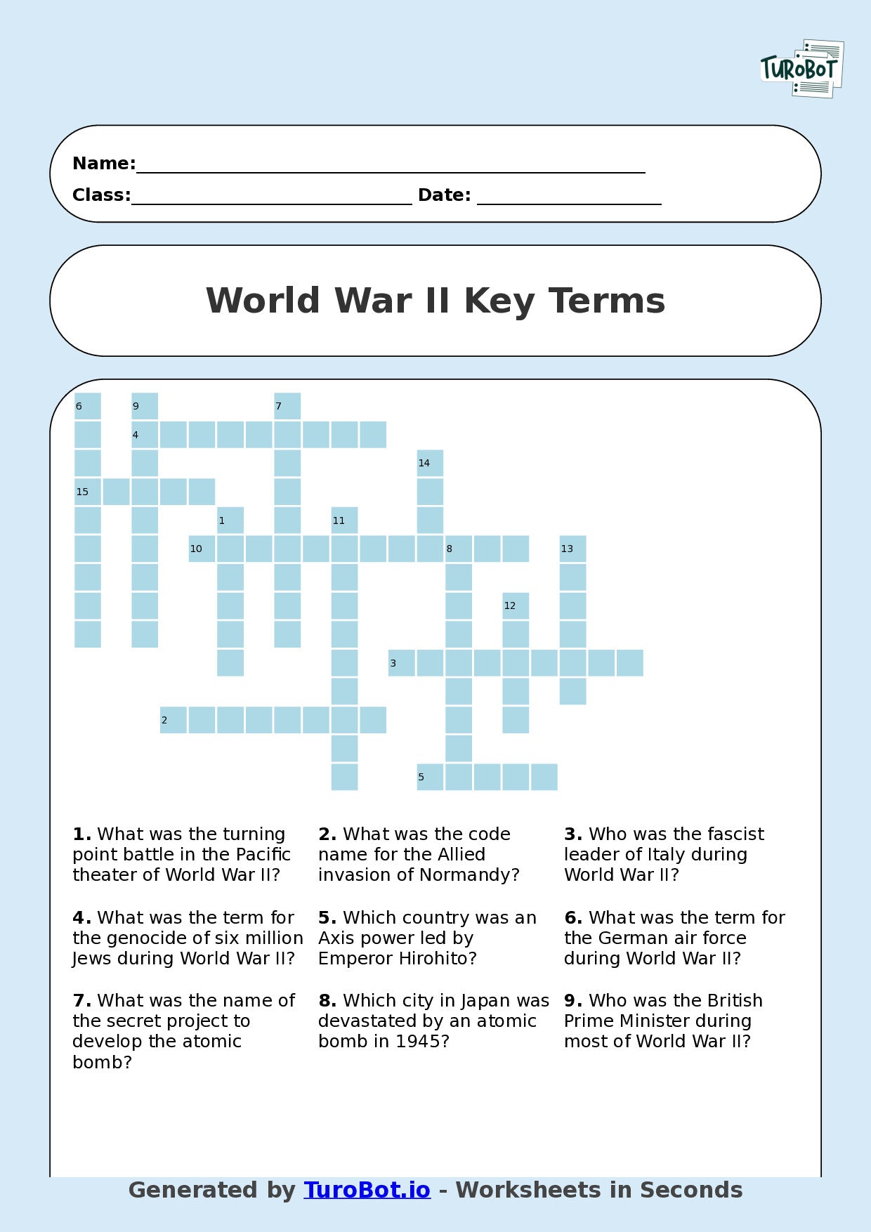 History - Year 8 - Crossword - World War II Key Terms