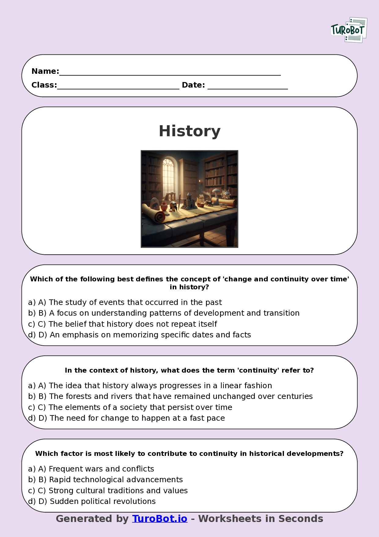 Year 8 History Multiple Choice Worksheet – Change and Continuity Over Time