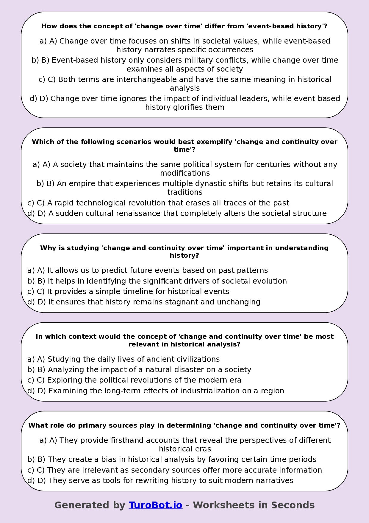 Year 8 History Multiple Choice Worksheet – Change and Continuity Over Time