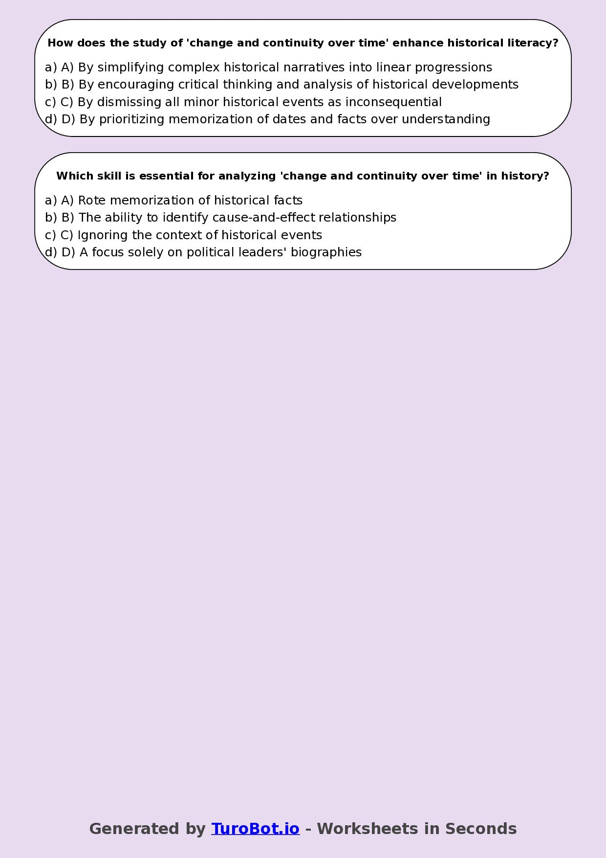 Year 8 History Multiple Choice Worksheet – Change and Continuity Over Time